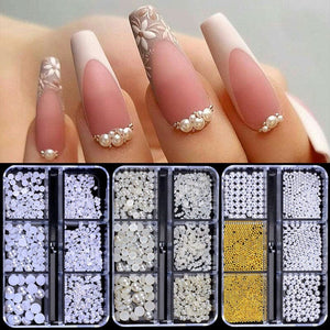 6 Grids 3D Nail Decoration White Half-Round Pearls Nail Art No Brand