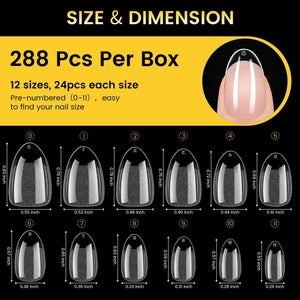 288pcs Short Oval Pre-File Nail Tips 12 Different Sizes Nail Tips No Brand