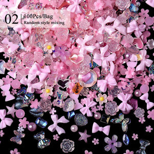 100pcs Random Mixed Pink Bowknot Heart 3D Nail Decorations Nail Decoration No Brand