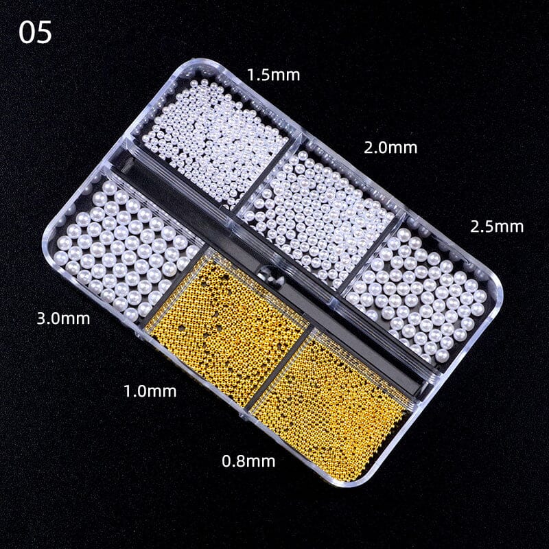 6 Grids 3D Nail Decoration White Pearls & Steel Beads Nail Art No Brand 