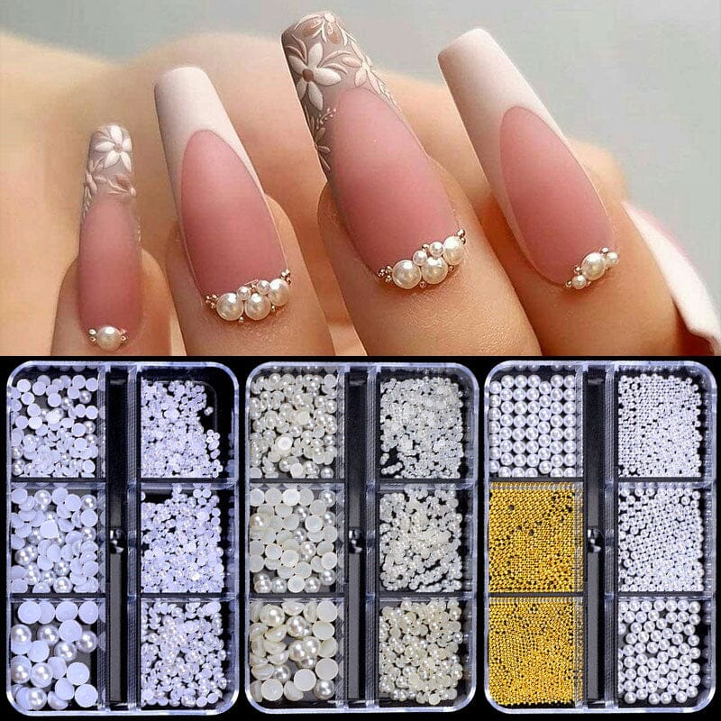 6 Grids 3D Nail Decoration White Half-Round Pearls Nail Art No Brand 
