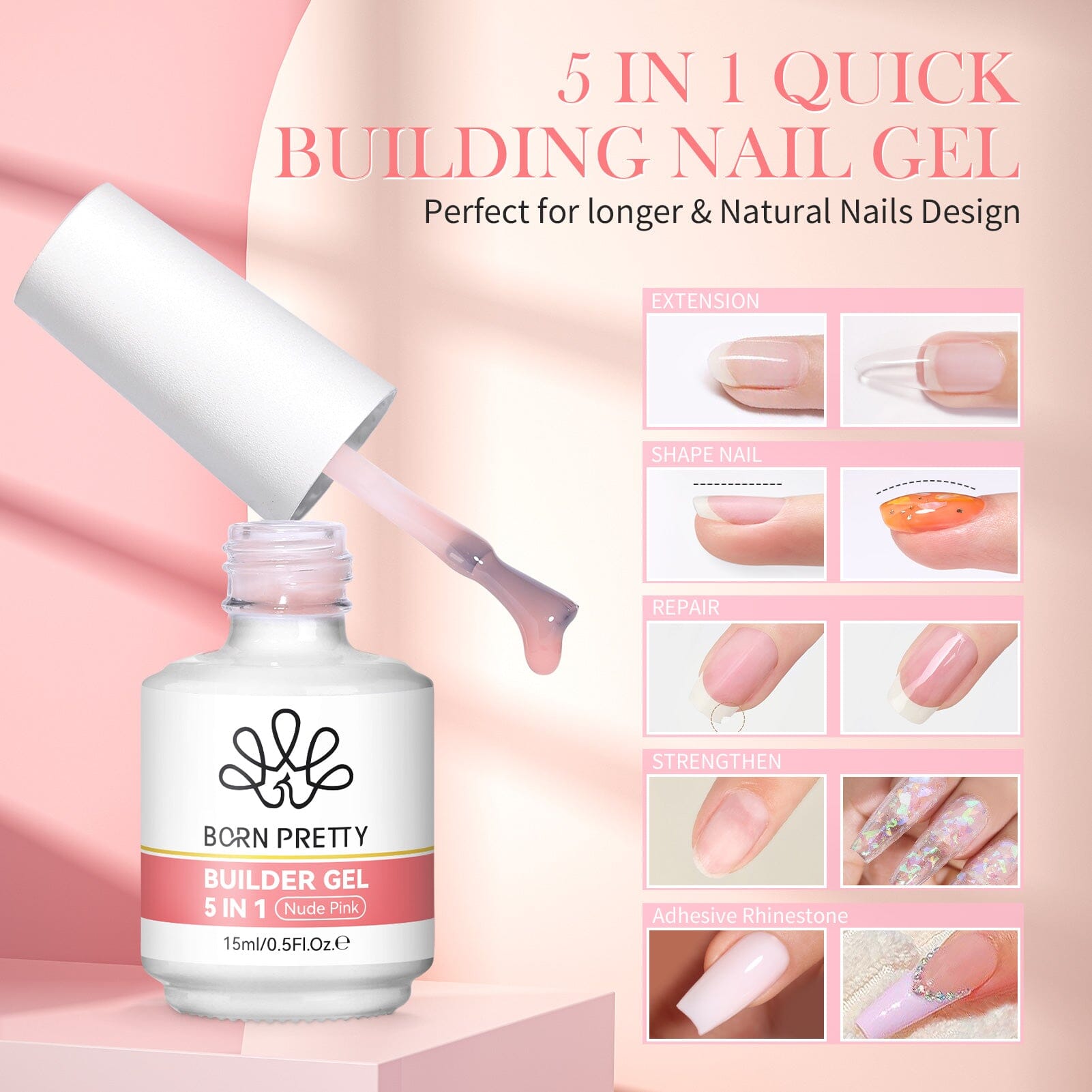 5 in 1 Builder Gel Nude Pink 15ml Gel Nail Polish BORN PRETTY 