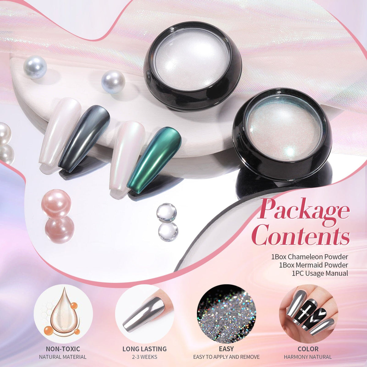 2 Boxes White Pink Pearl Nail Powder Set Nail Powder BORN PRETTY 