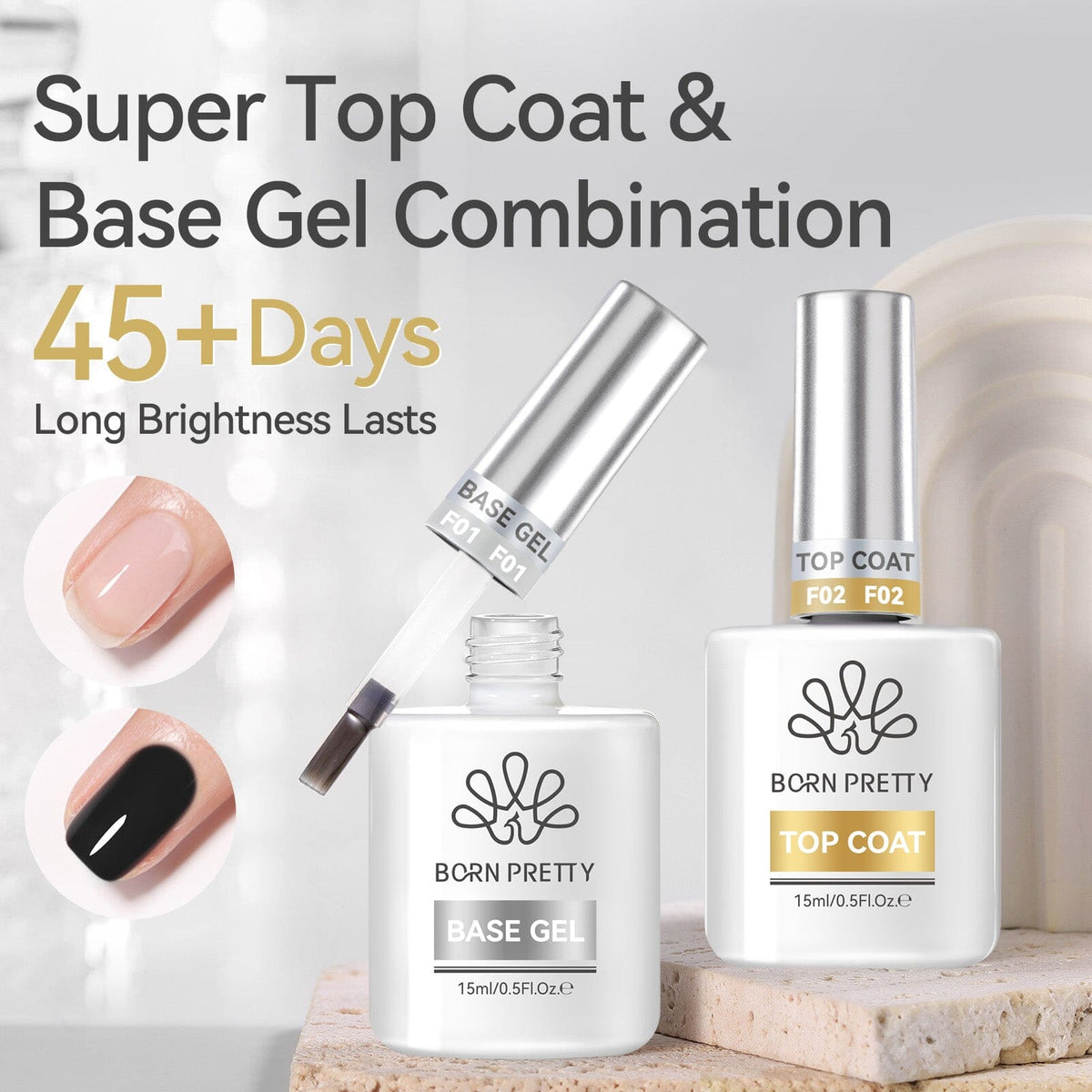 2pcs Set Base Gel & Super Top Coat 15ml Gel Nail Polish BORN PRETTY 