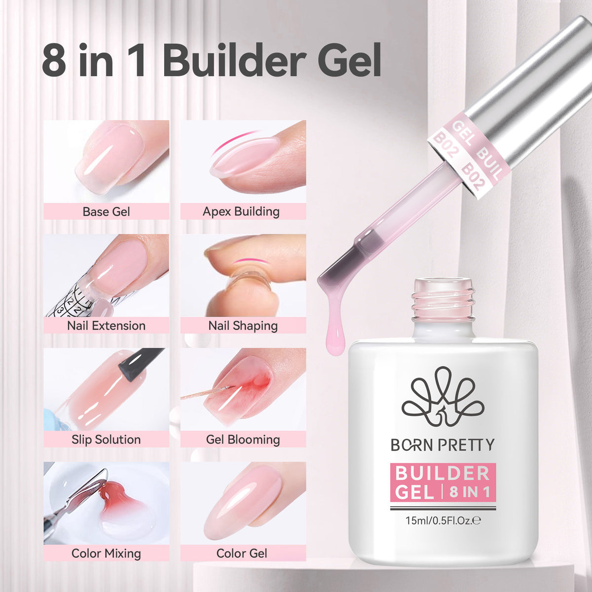 Pink 8 in 1 Builder Gel BG02 15ml Gel Nail Polish BORN PRETTY 
