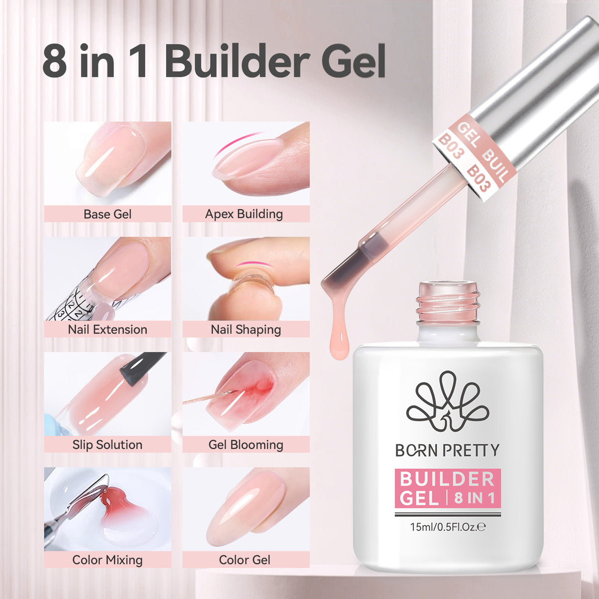 Nude 8 in 1 Builder Gel BG03 15ml Gel Nail Polish BORN PRETTY 