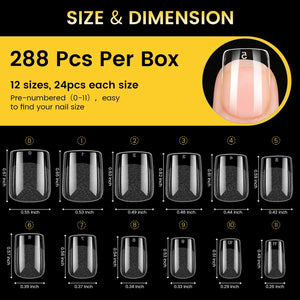 288pcs XS Square Pre-File Nail Tips 12 Different Sizes Nail Tips No Brand 