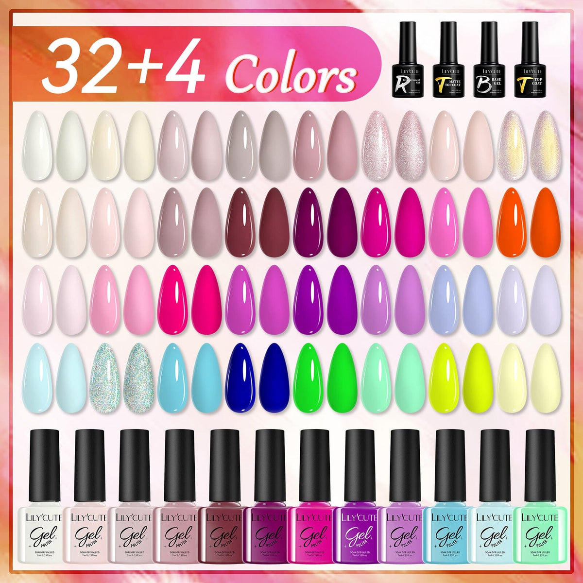32 Colors Gel with 4pcs Base Top Coat Set #02 7ml Gel Nail Polish LILYCUTE 