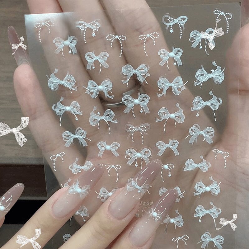 White Lace Bowknot 3D Self Adhesive Nail Stickers #01 Nail Art No Brand 