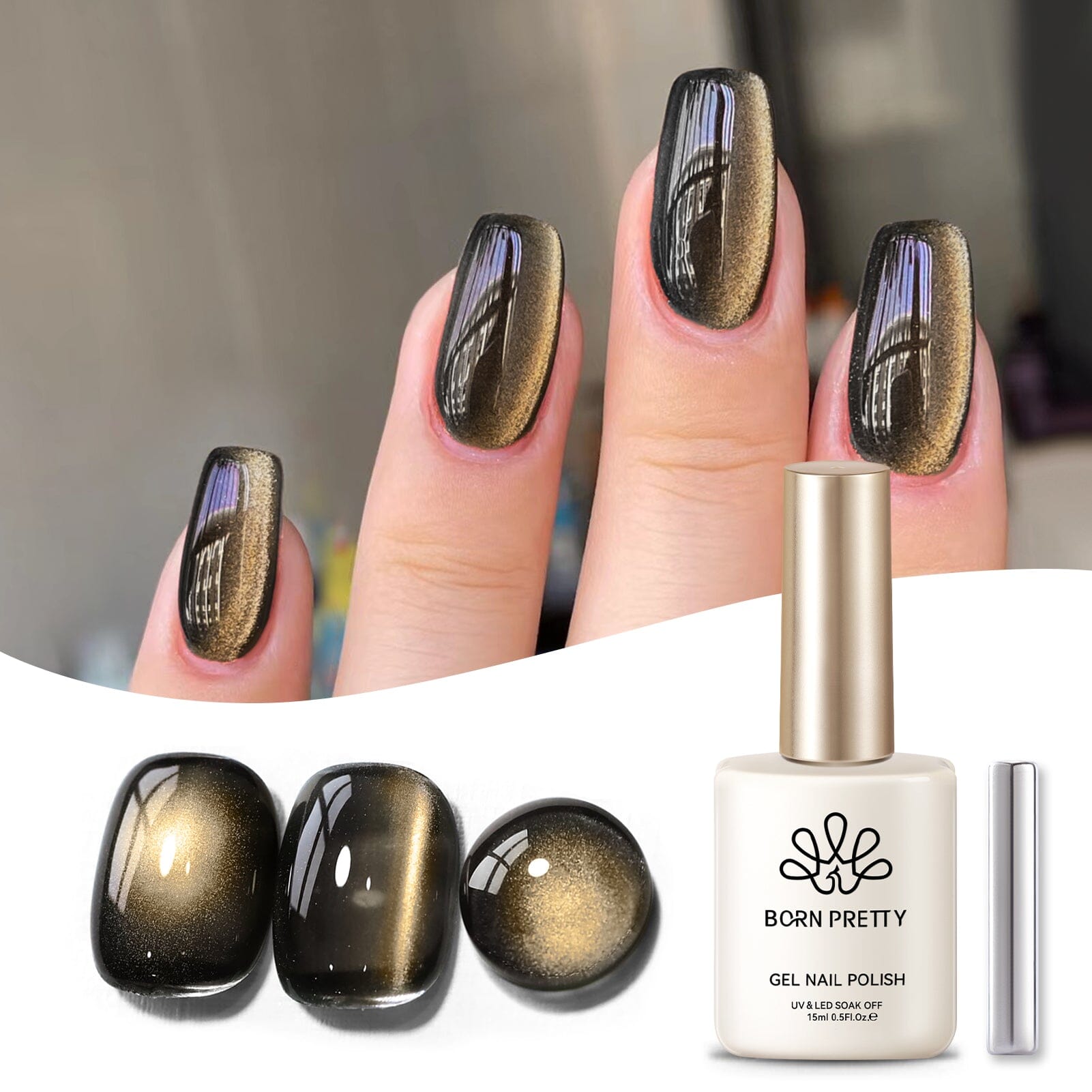 Black Gold Glass Cat Magnetic Gel Polish 15ml Gel Nail Polish BORN PRETTY 