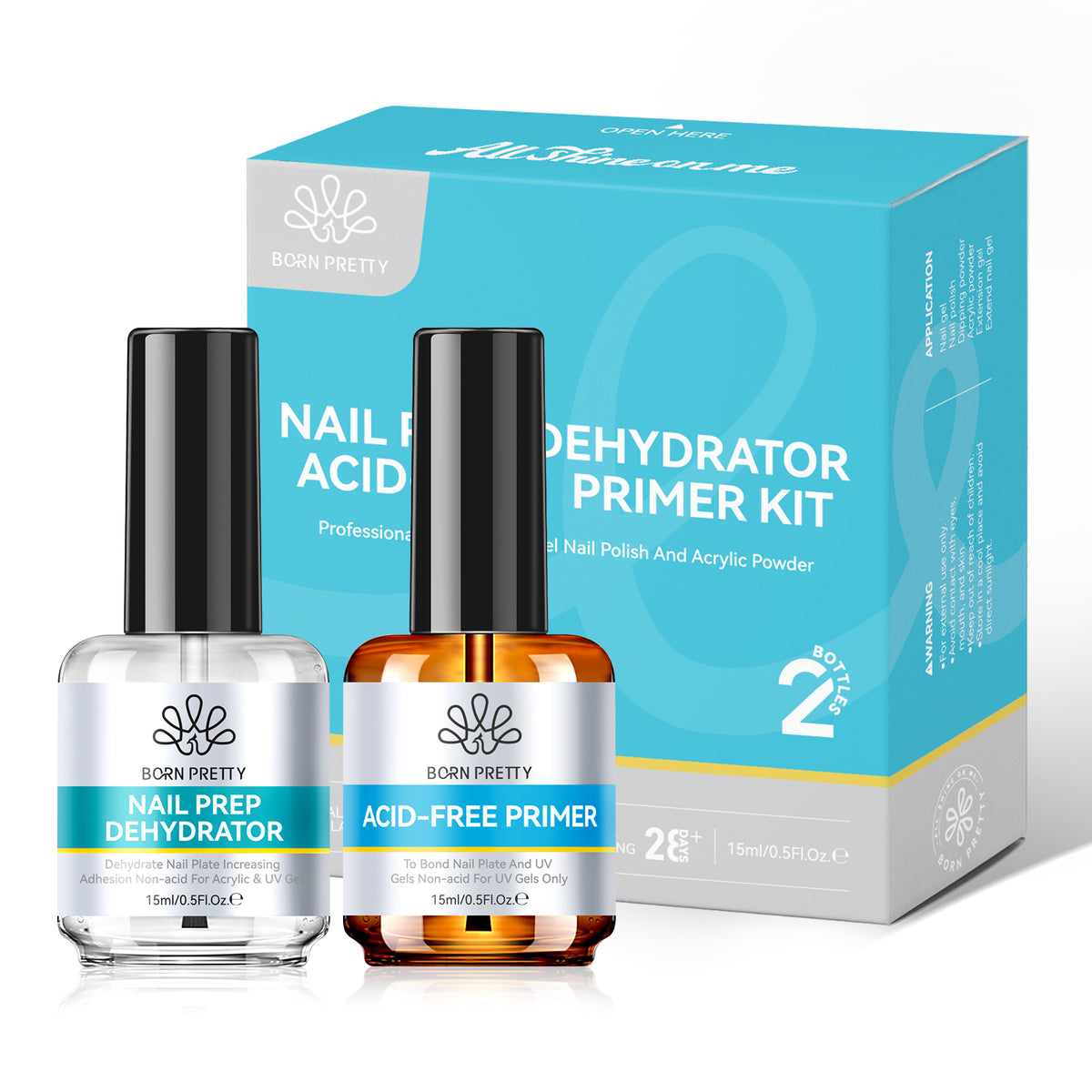 2 Bottles Set Nail Prep Dehydrator-Primer Kit 15ml Base & Top Coat BORN PRETTY 