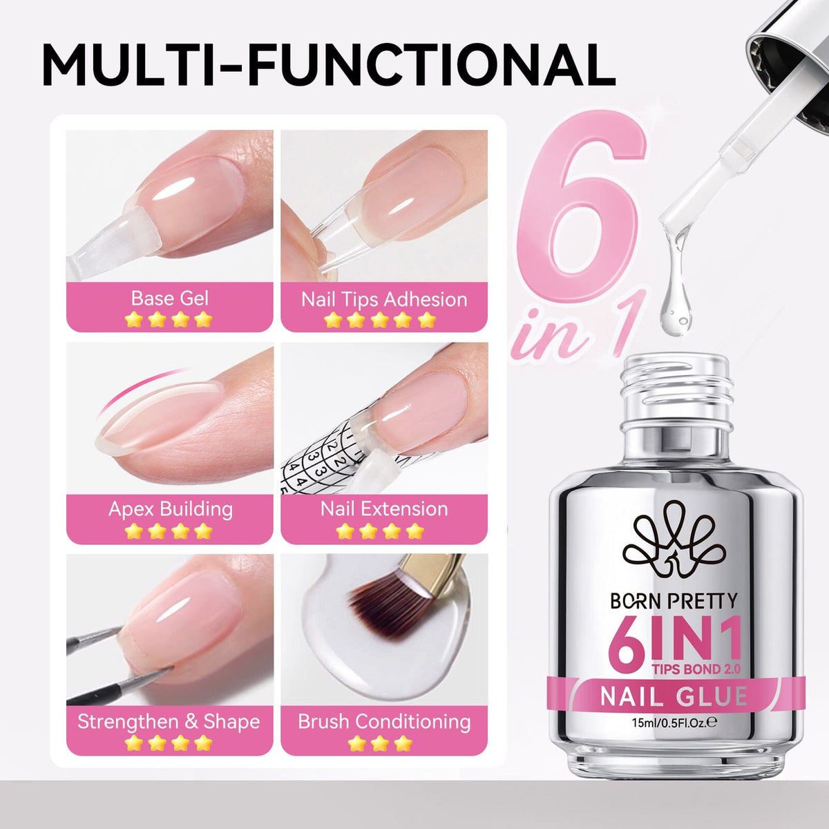 New Upgrade 6 In 1 Nail Glue Gel 15ml Gel Nail Polish BORN PRETTY 