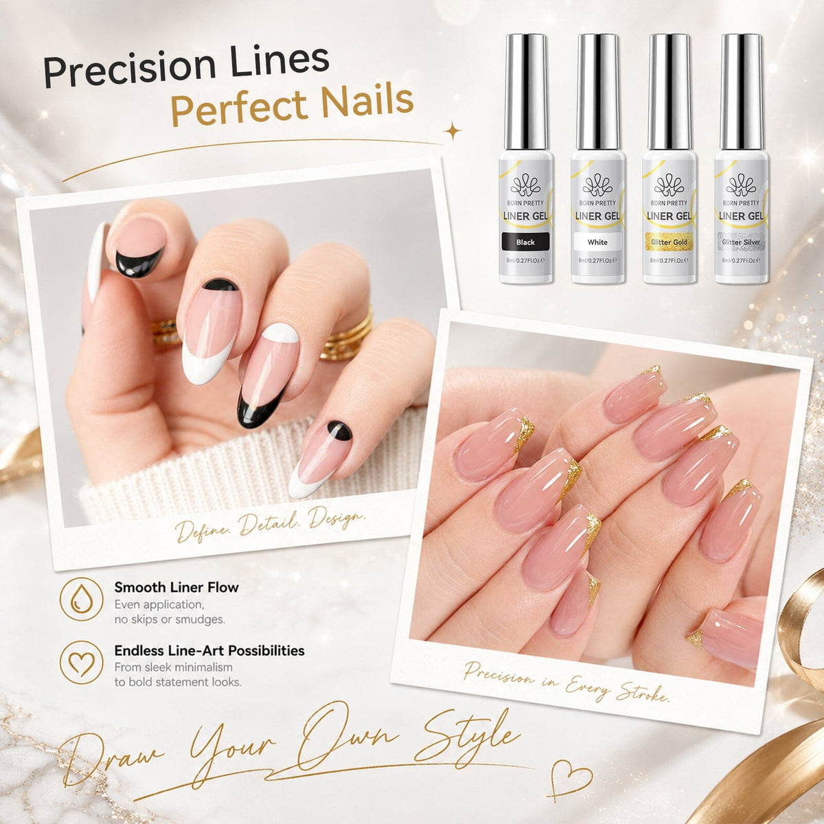 4 Colors Liner Gel Set Black White Gold Silver 8ml Gel Nail Polish BORN PRETTY 