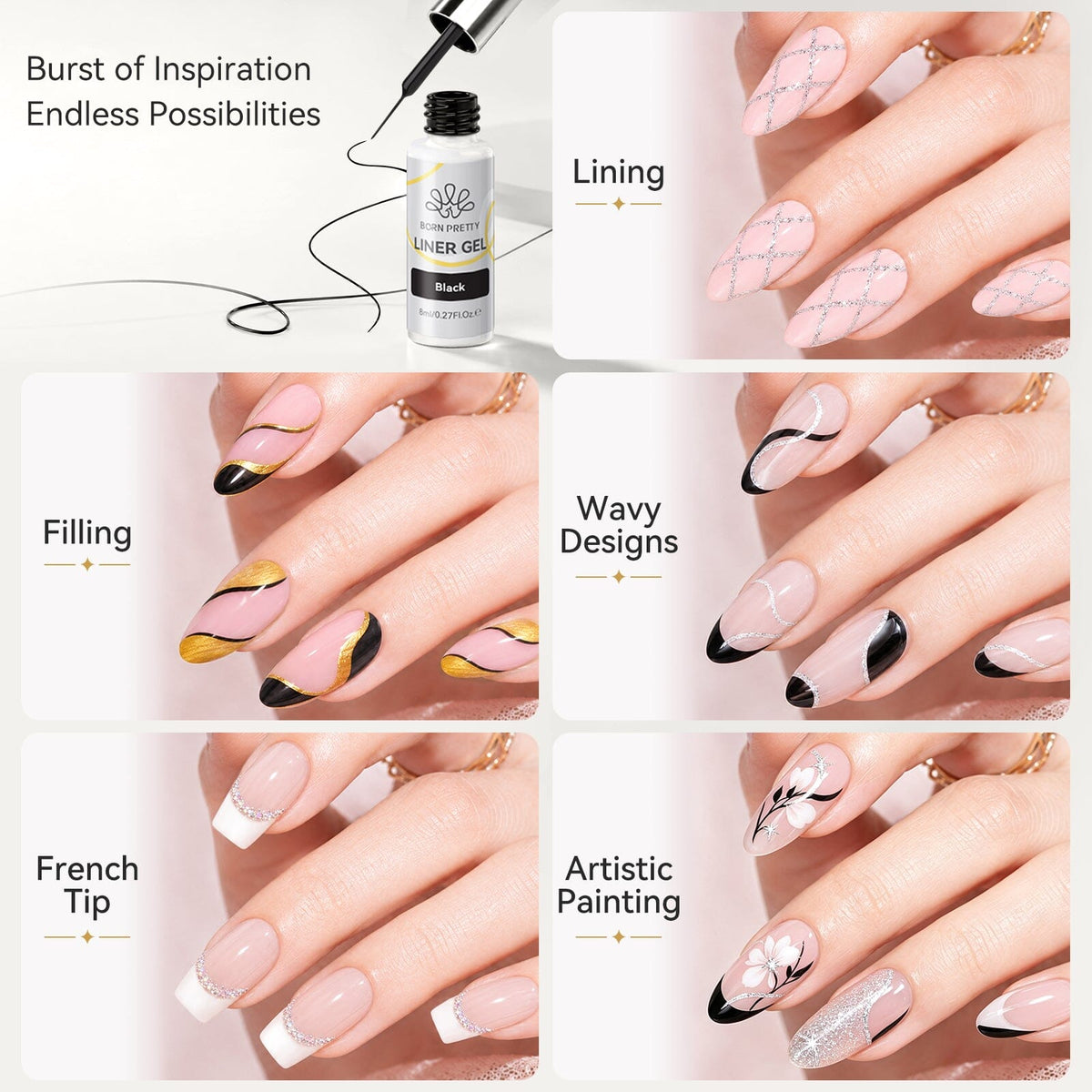 4 Colors Liner Gel Set Black White Gold Silver 8ml Gel Nail Polish BORN PRETTY 