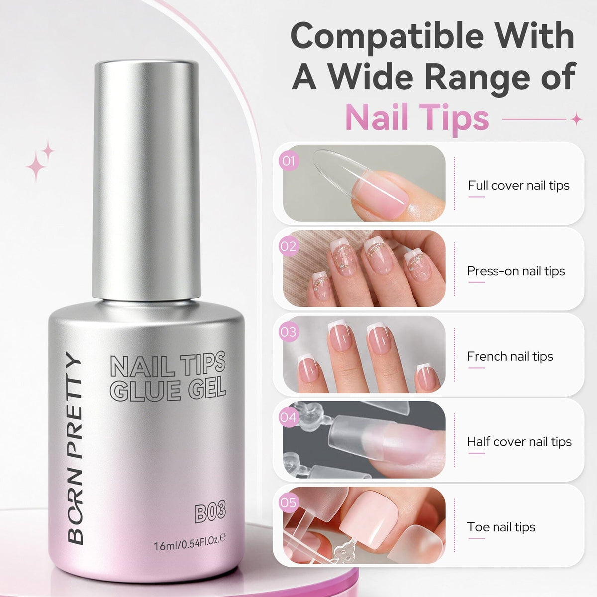 Nail Tips Glue Gel B03 16ml Base & Top Coat BORN PRETTY 
