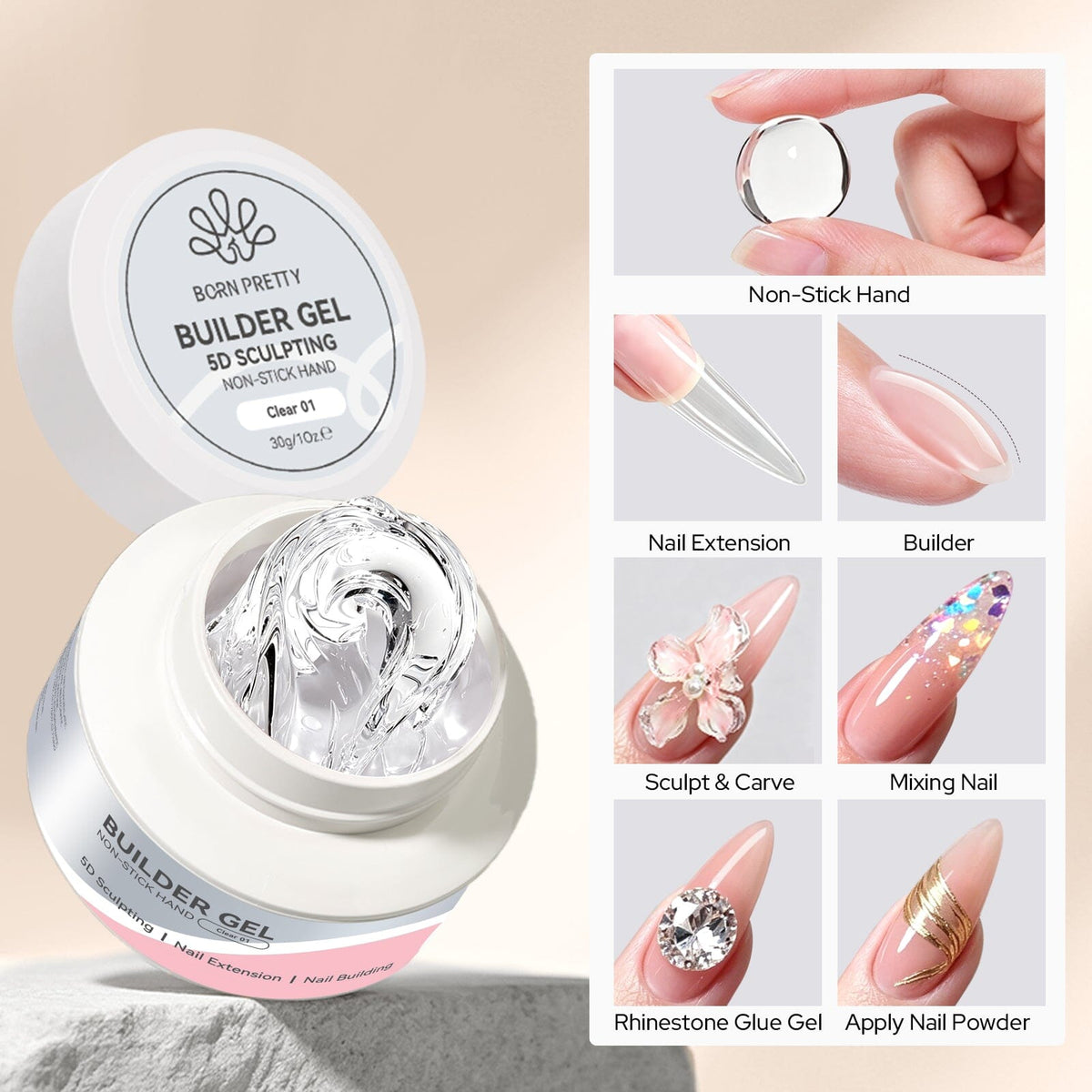 Non‑Stick Hand Builder Gel Clear #01 30g Extension Nail Gel BORN PRETTY 